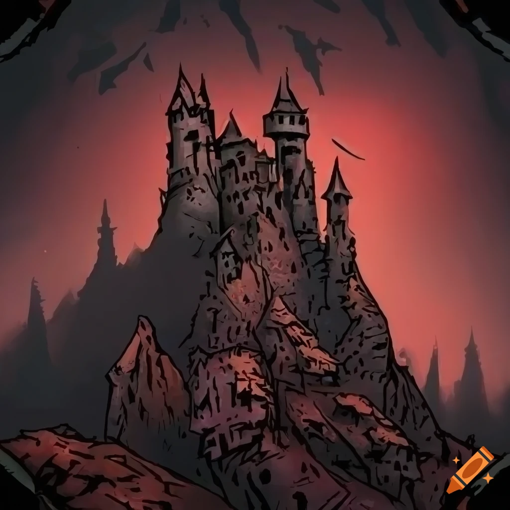 Highly-detailed castle on a gloomy mountain in Darkest Dungeon style