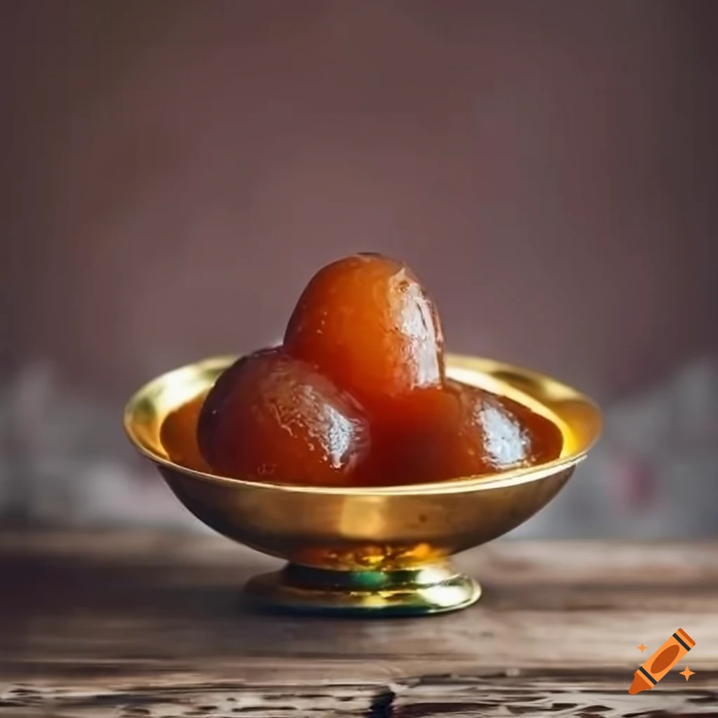 Traditional golden bowl with gulab jamun on a carved wood table