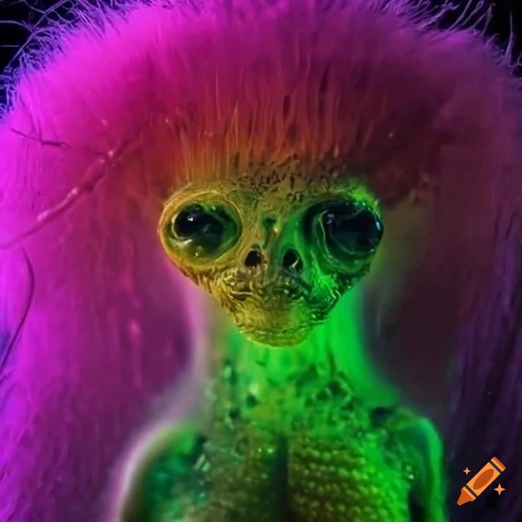 Hairy swamp alien in a neon slime storm on Craiyon