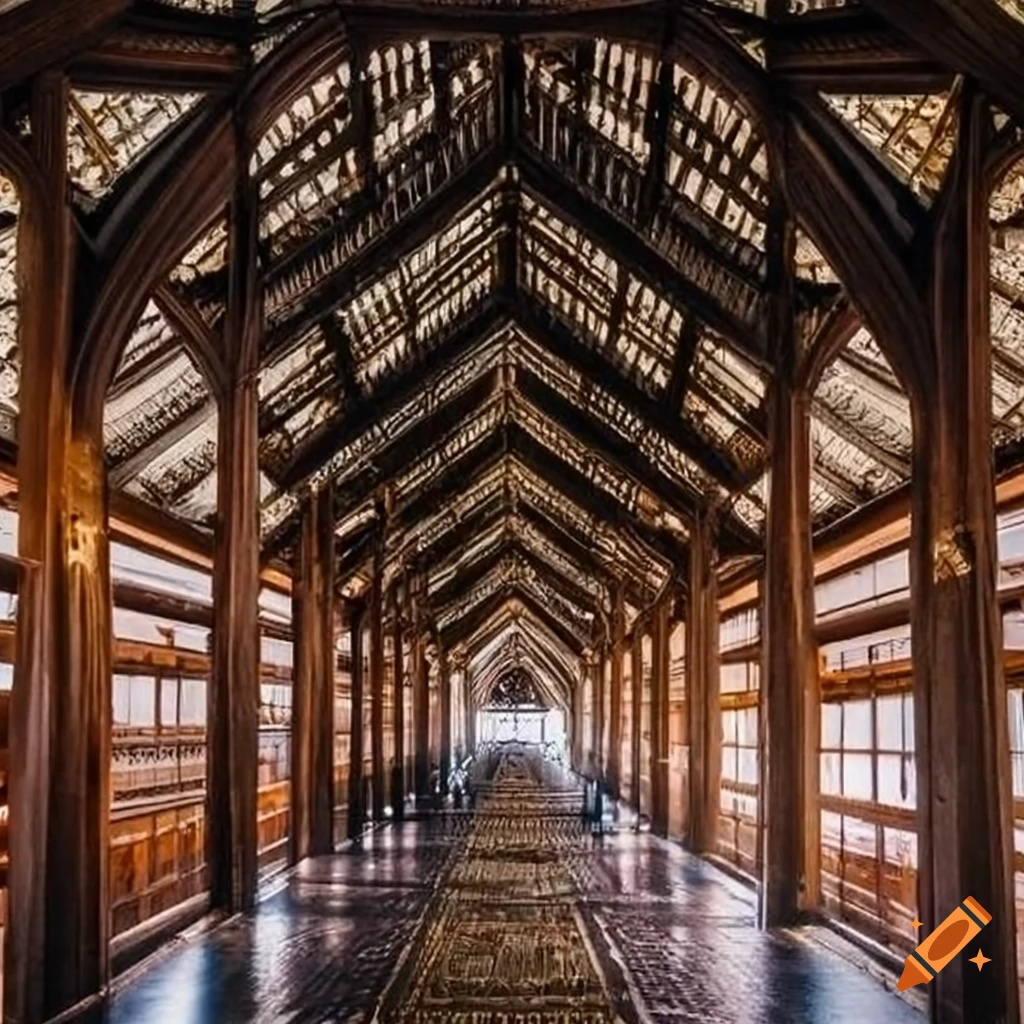 Frontal view of Japanese and Gothic architecture melded together