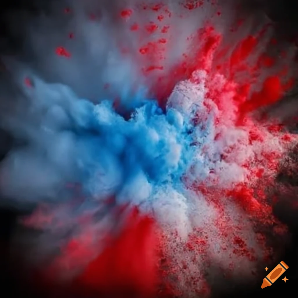 Massive explosion of powder blue, white, and red colors