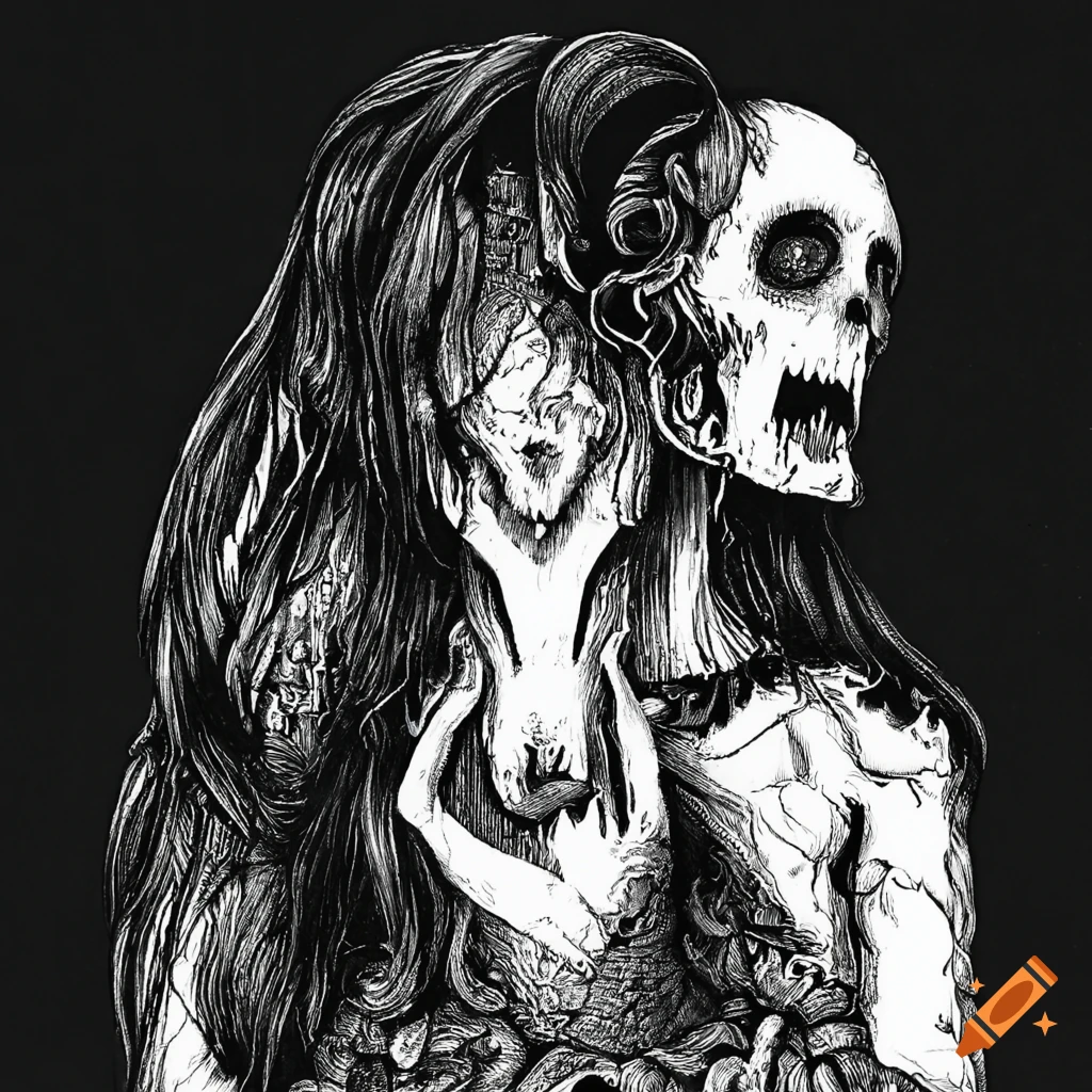 Intricate black and white drawing of a tormented ghost in deep sorrow