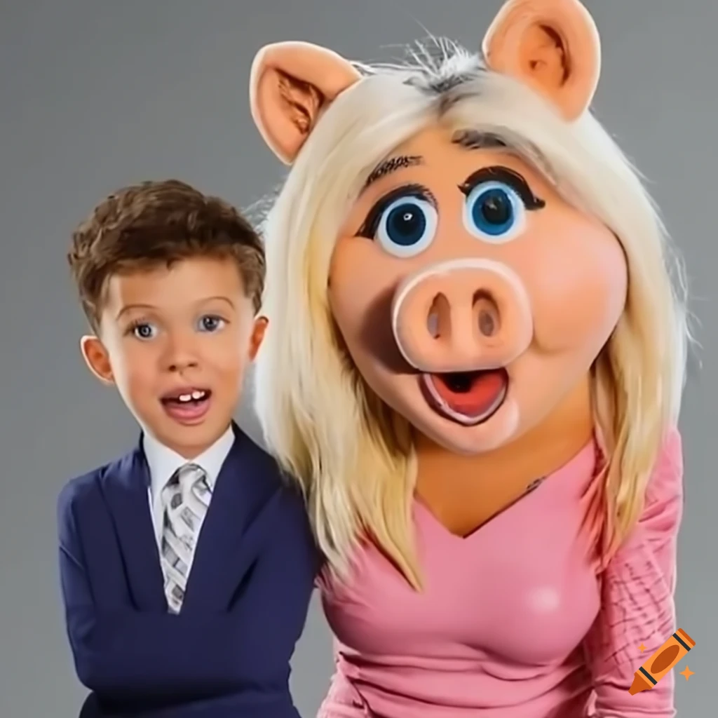 Strong Miss Piggy mascot saving a falling boy