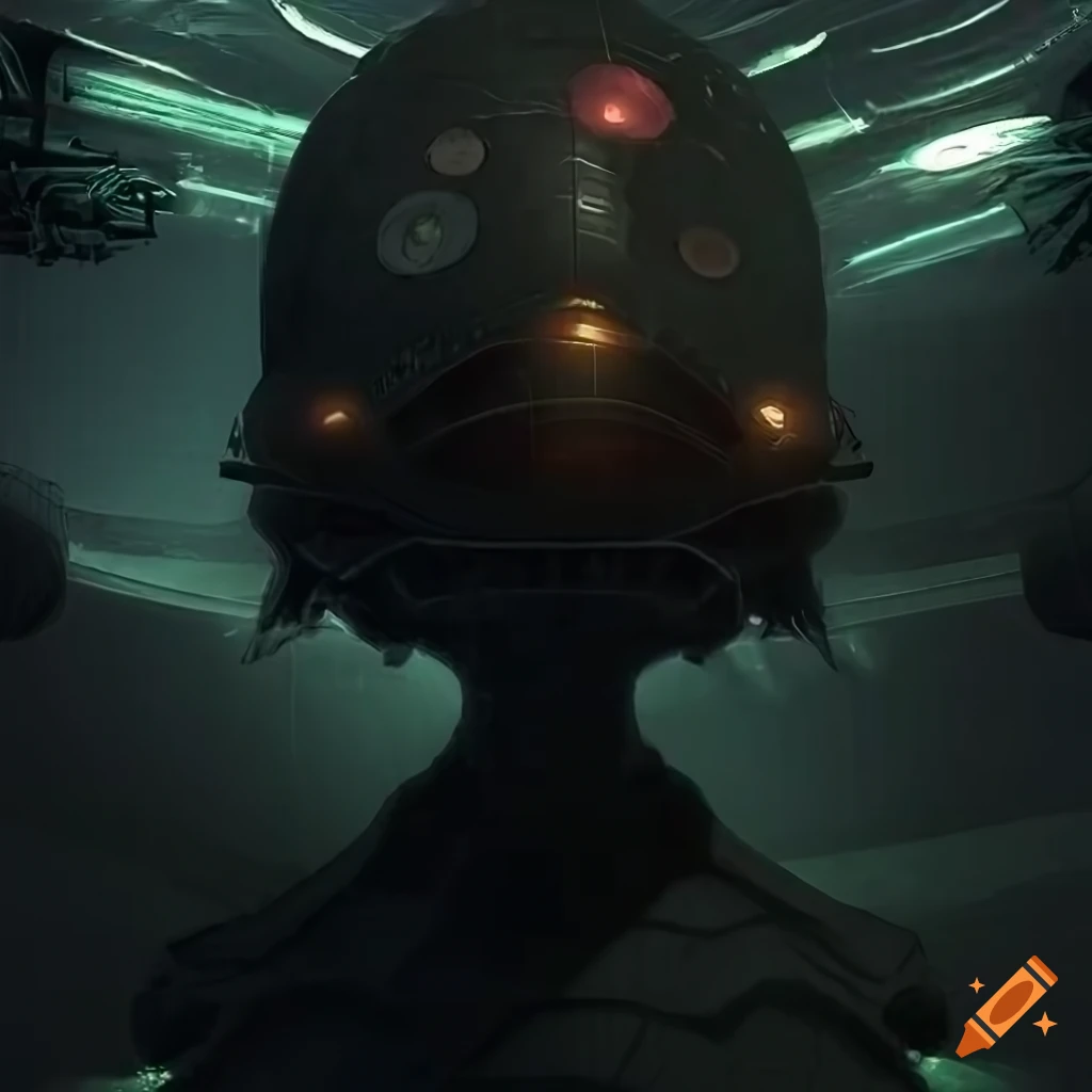 Surrealist aliens inside an asymmetrical organic spaceship with strange machines and light boards