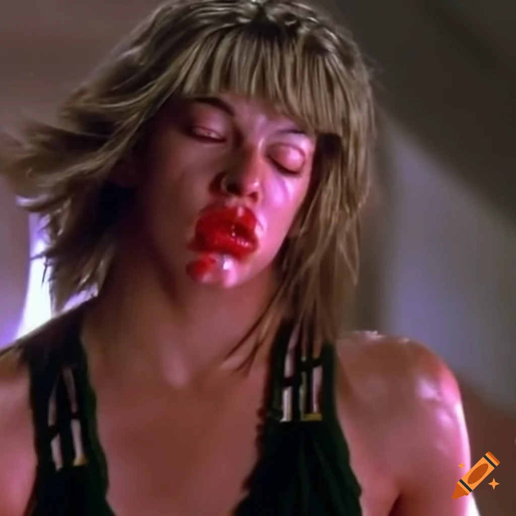 Expressive closeup of martial artist Milla Jovovich with bruises and blood