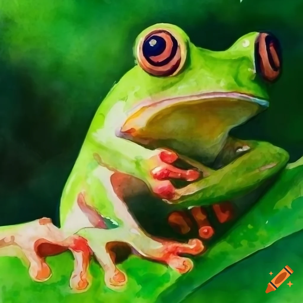 Tree frog with cute leaf crown on a leaf in a raining rainforest