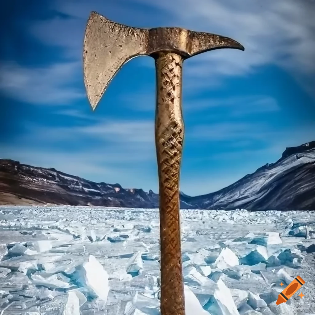 Old ice ax pressed into icy cliffs