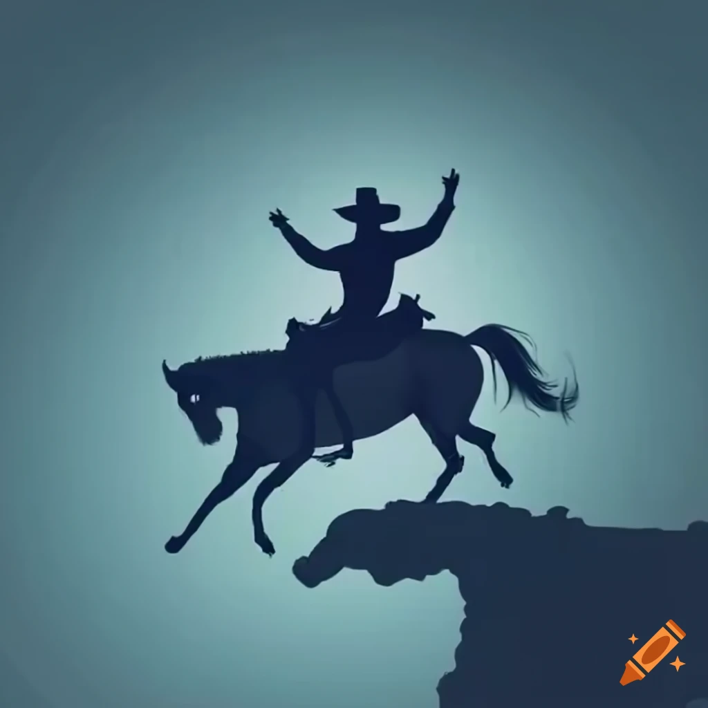 Cowboy riding horse jumping off cliff