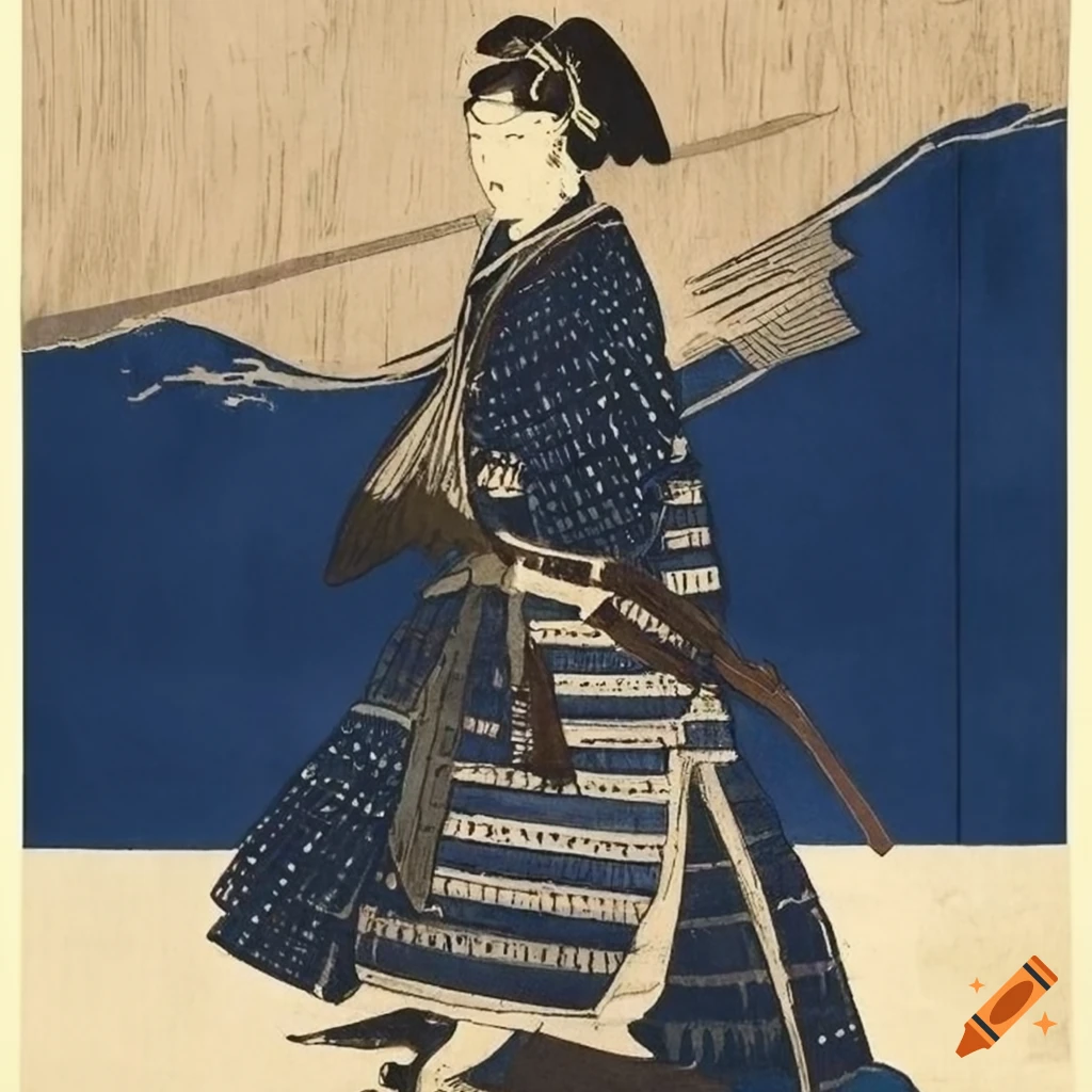Samurai in ukiyo-e style with dark blue background