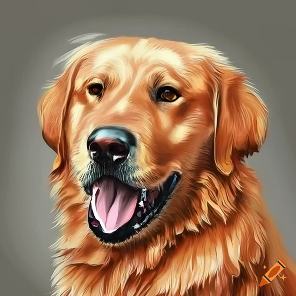 Realistic portrait of a golden retriever capturing shades of gold and white in the sunshine