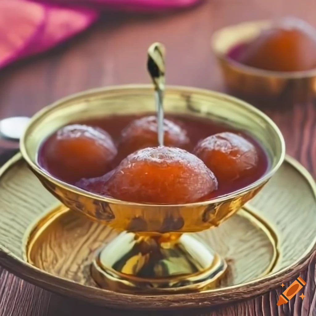 Traditional golden bowl with gulab jamun on a carved wood table