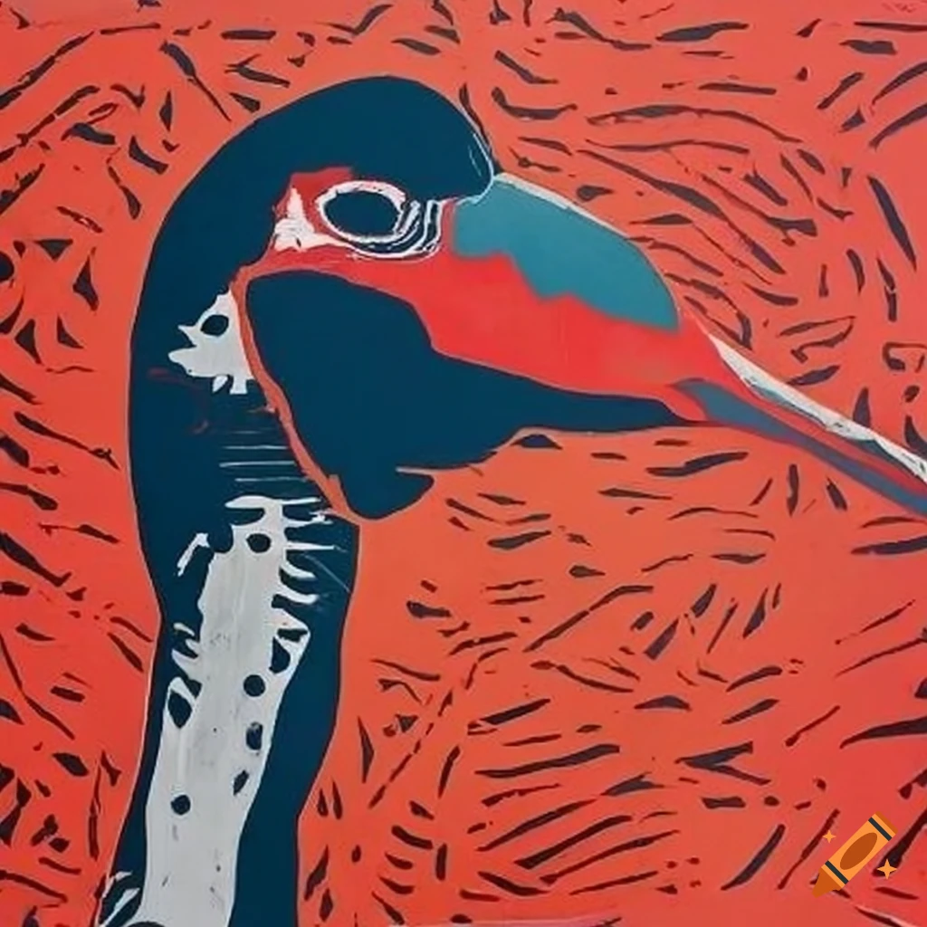 Vibrant lino cut print depicting the end of the century
