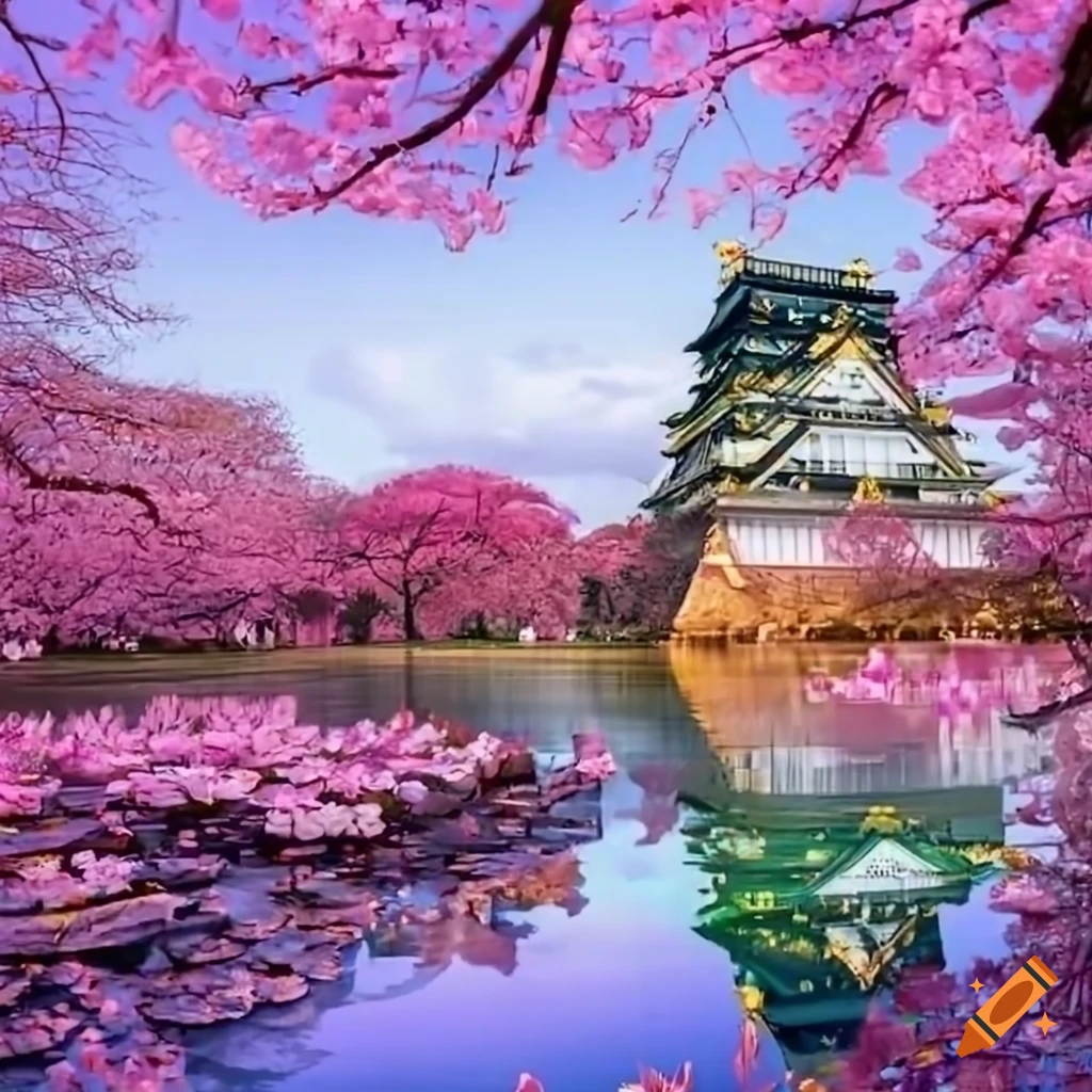 Osaka castle surrounded by water lilies and cherry blossom trees