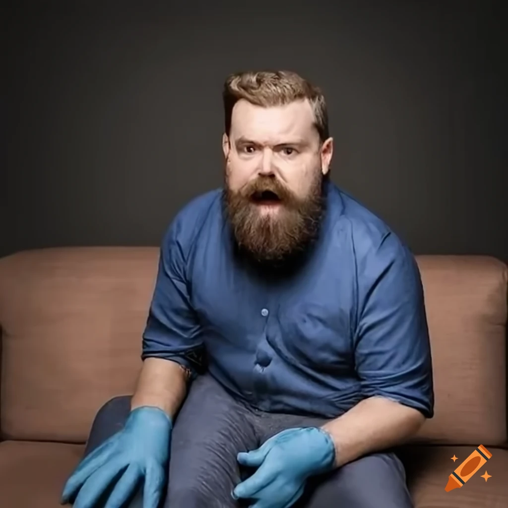 Author JD Vance sitting on a couch with rubber gloves, holding a detailed dolphin
