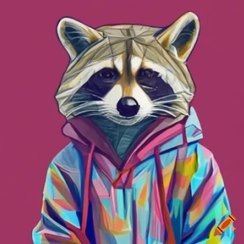Mid-poly raccoon in vibrant hoodie in colored pencil art