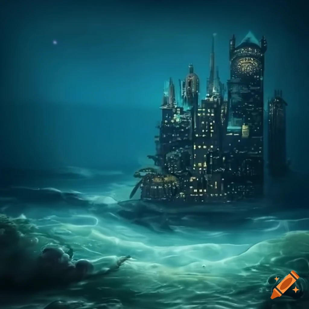 Steampunk city on sandy seaground with deep sea view and bubbles on Craiyon