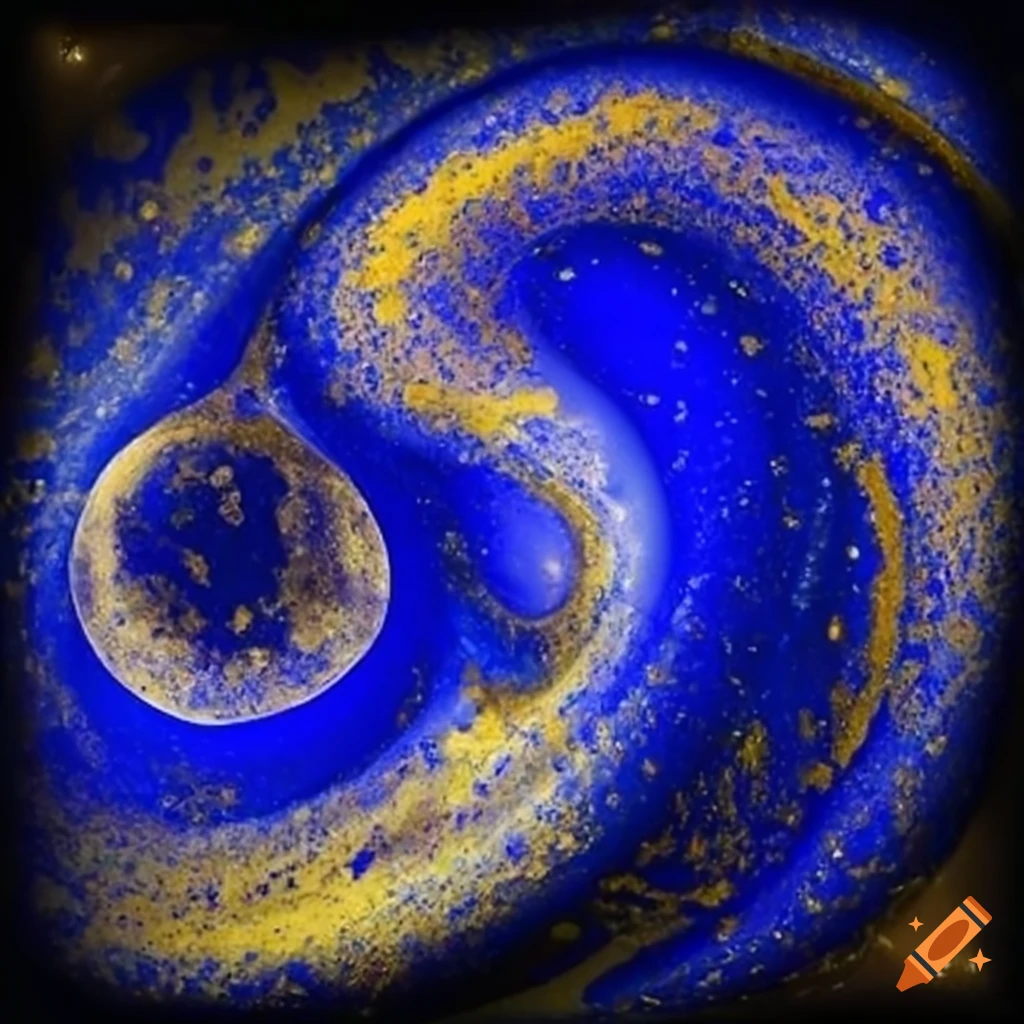 Abstract bubbles of lapis lazuli color and gold flakes with swirls