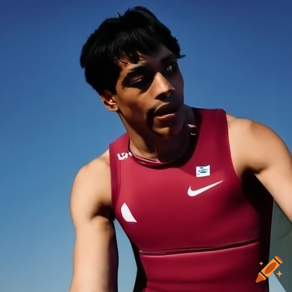 A sprinter with Arabic features getting ready for the 200 meters dash in the Olympics on a sunny afternoon