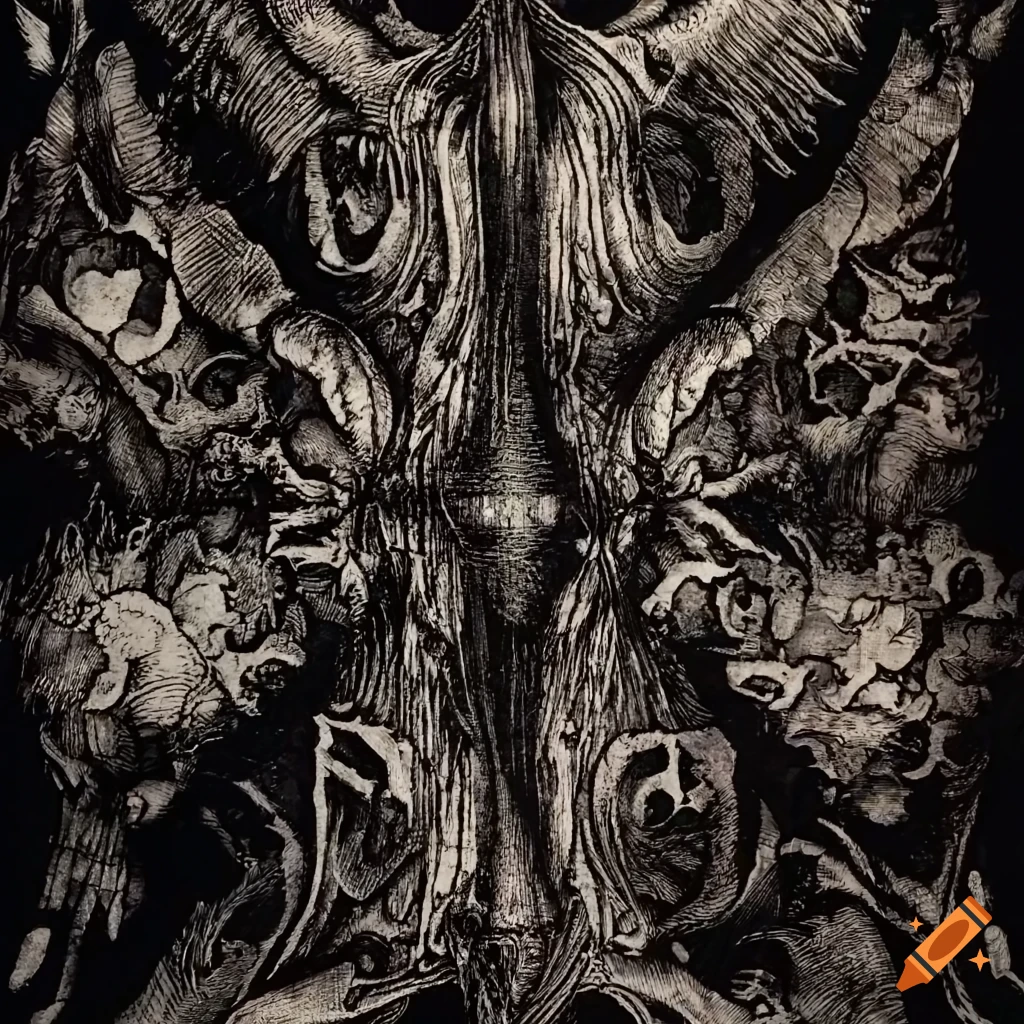 Etching of silk fabric with surreal geometrical abstraction in black and white