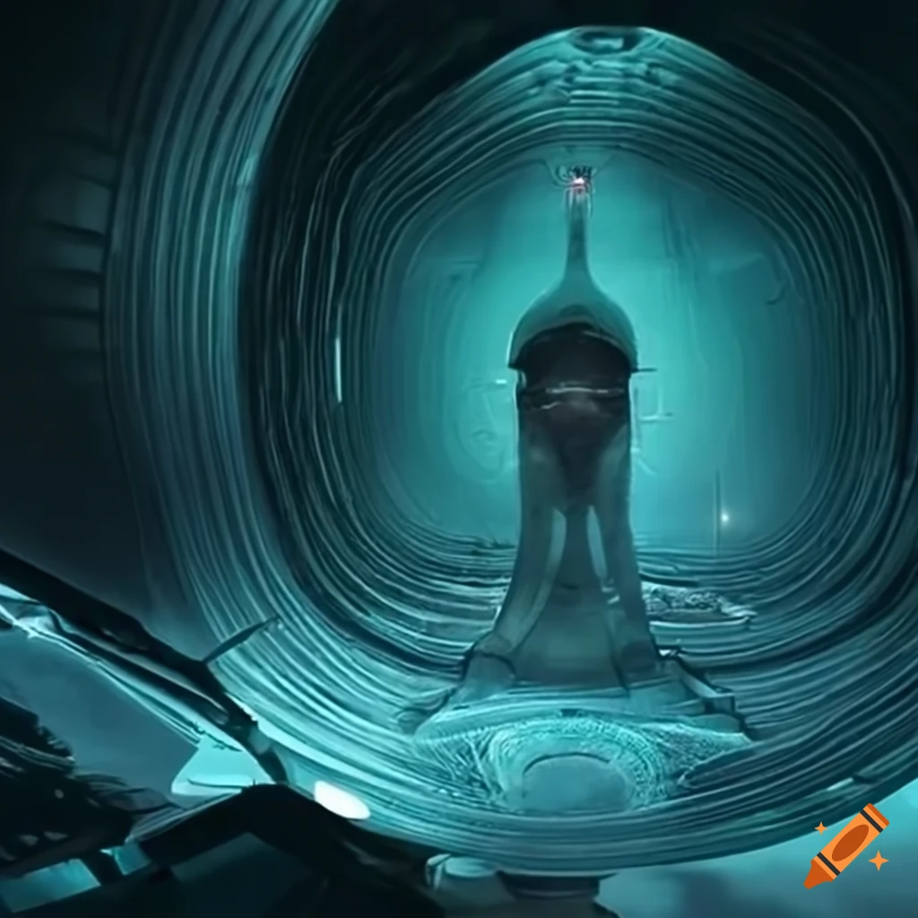 Surreal alien visit inside asymmetrical organic spaceship with strange machines and light boards