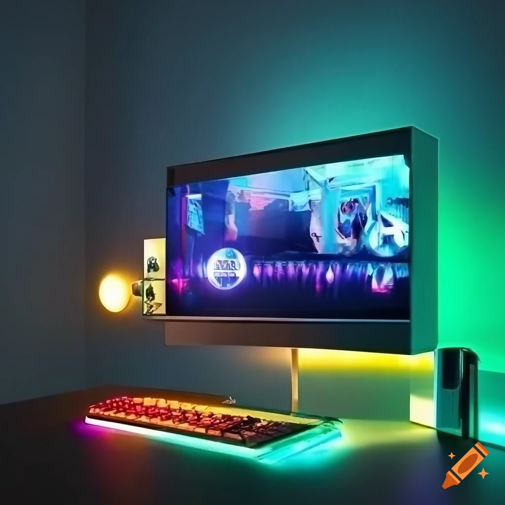 Gaming room with dual desktop PCs, TV, and wooden decor with yellow LEDs