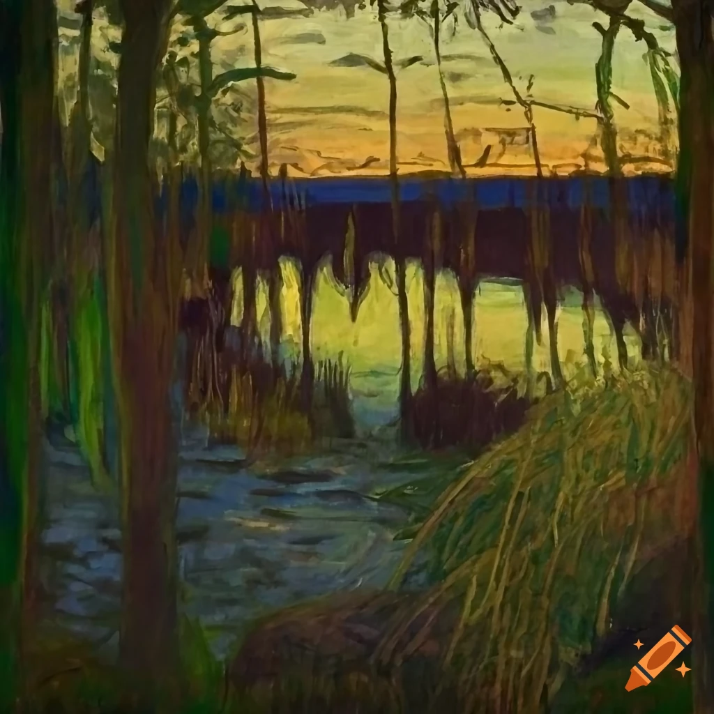 Twilight landscape of wild herbs and a swamp in the style of Edward Munch