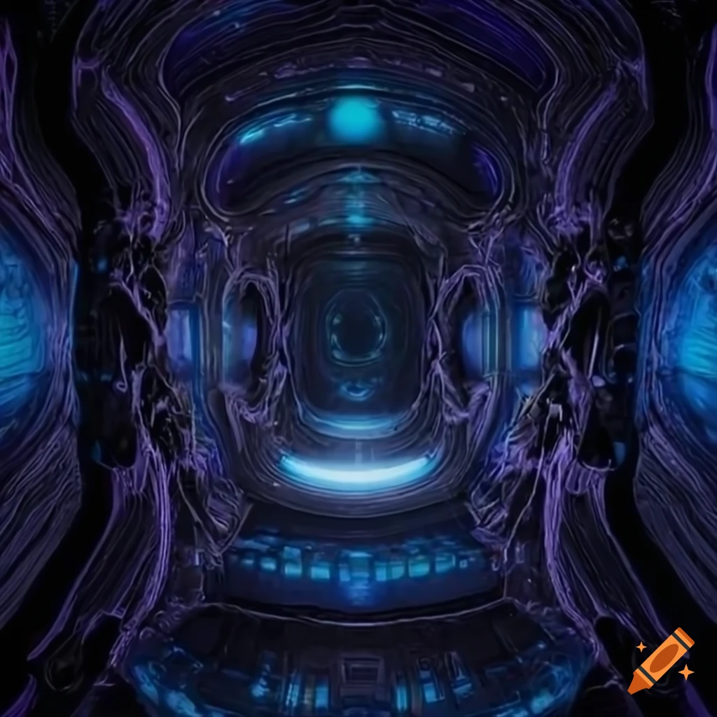 Surrealist aliens exploring asymmetrical organic spaceship with strange machines