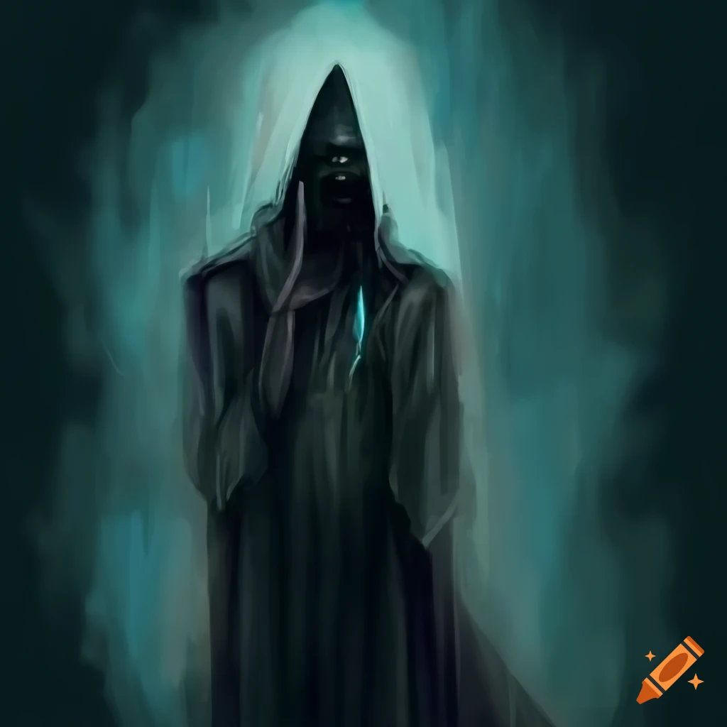 Mysterious necromancer in black robes and mask with a book on belt on ...