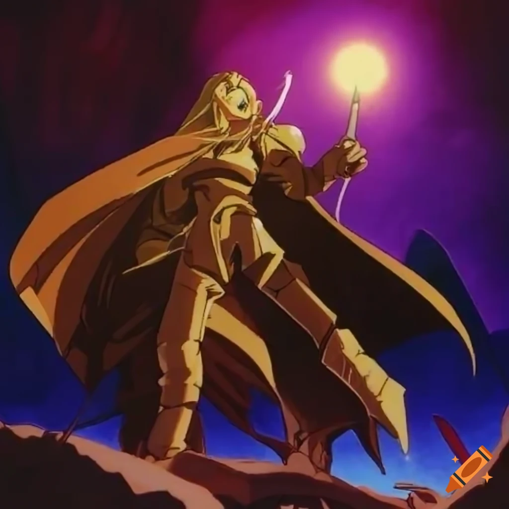 80-90's anime style fantasy guard with halberd in a dungeon crawler setting