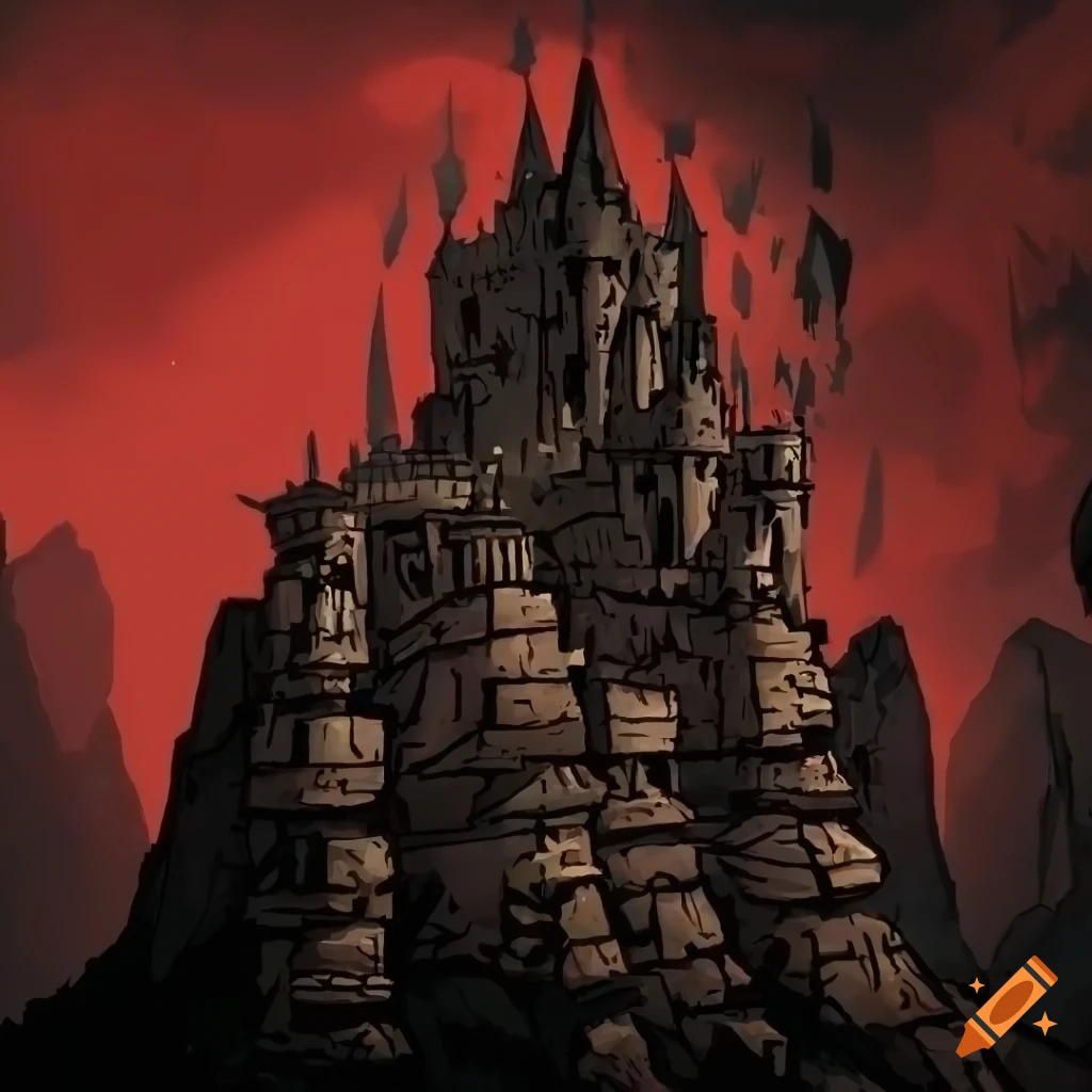 Highly-detailed castle on a gloomy mountain in Darkest Dungeon style