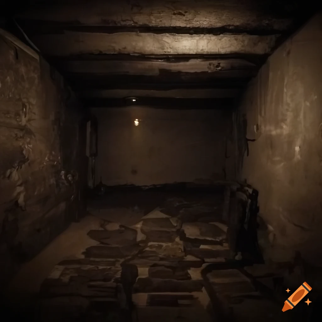 View of a dingy and dark basement interior from above