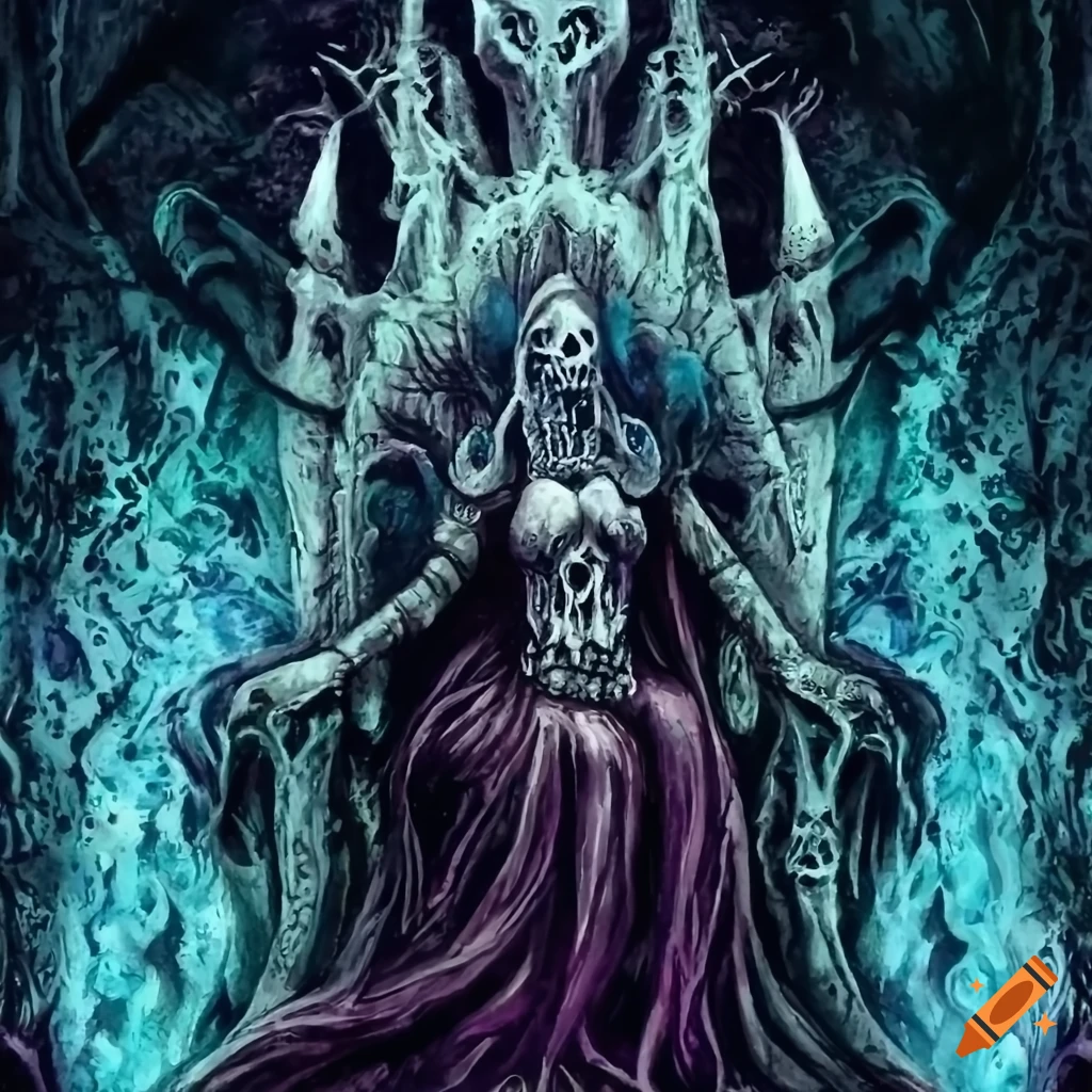 Undead ice queen on throne of skulls surrounded by horde of zombies