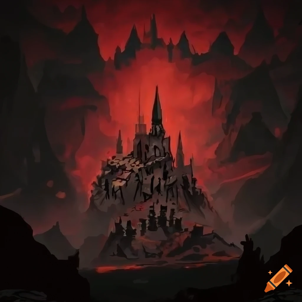 Highly-detailed castle on a gloomy mountain in Darkest Dungeon style