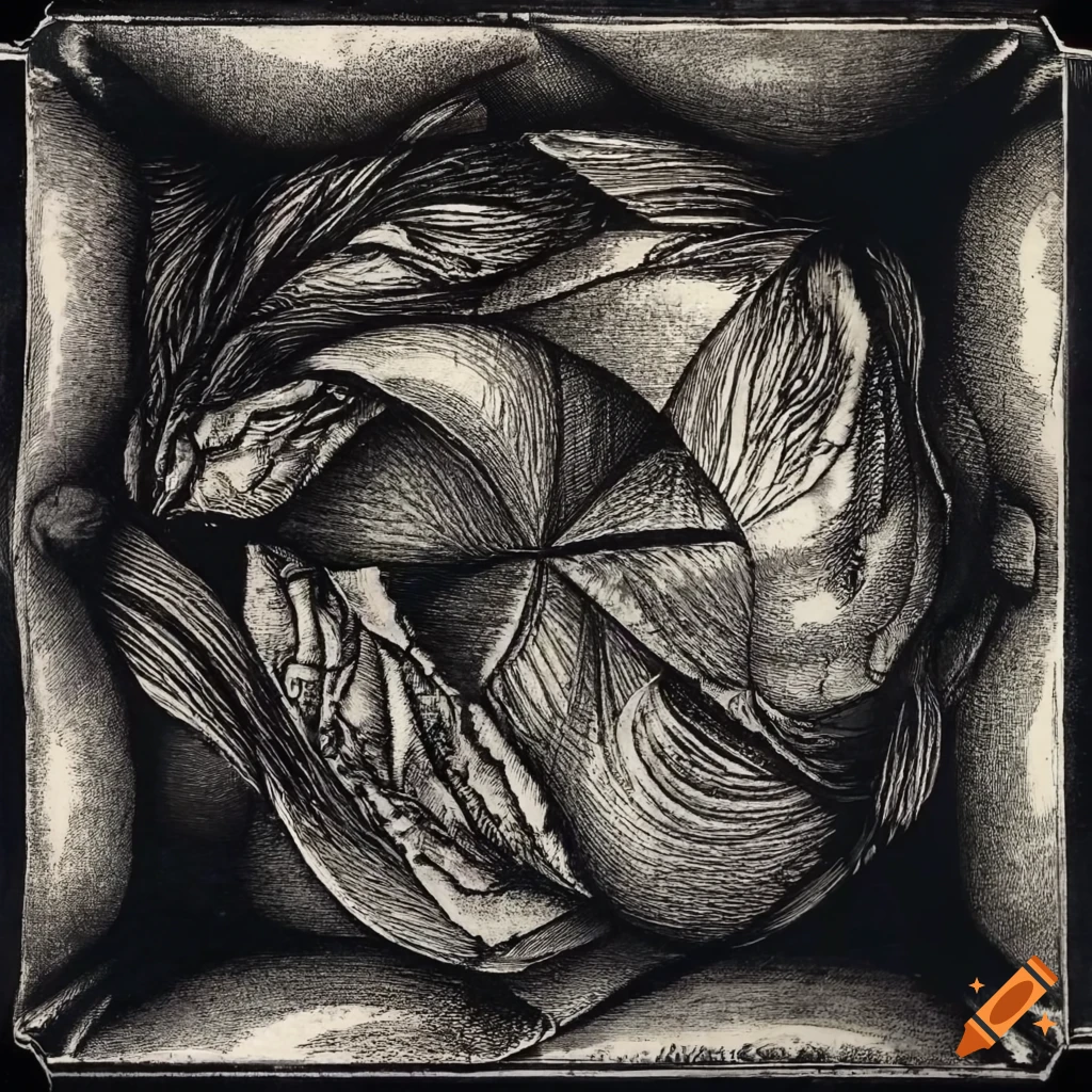 Etching of silk fabric with surreal geometrical abstraction in black and white