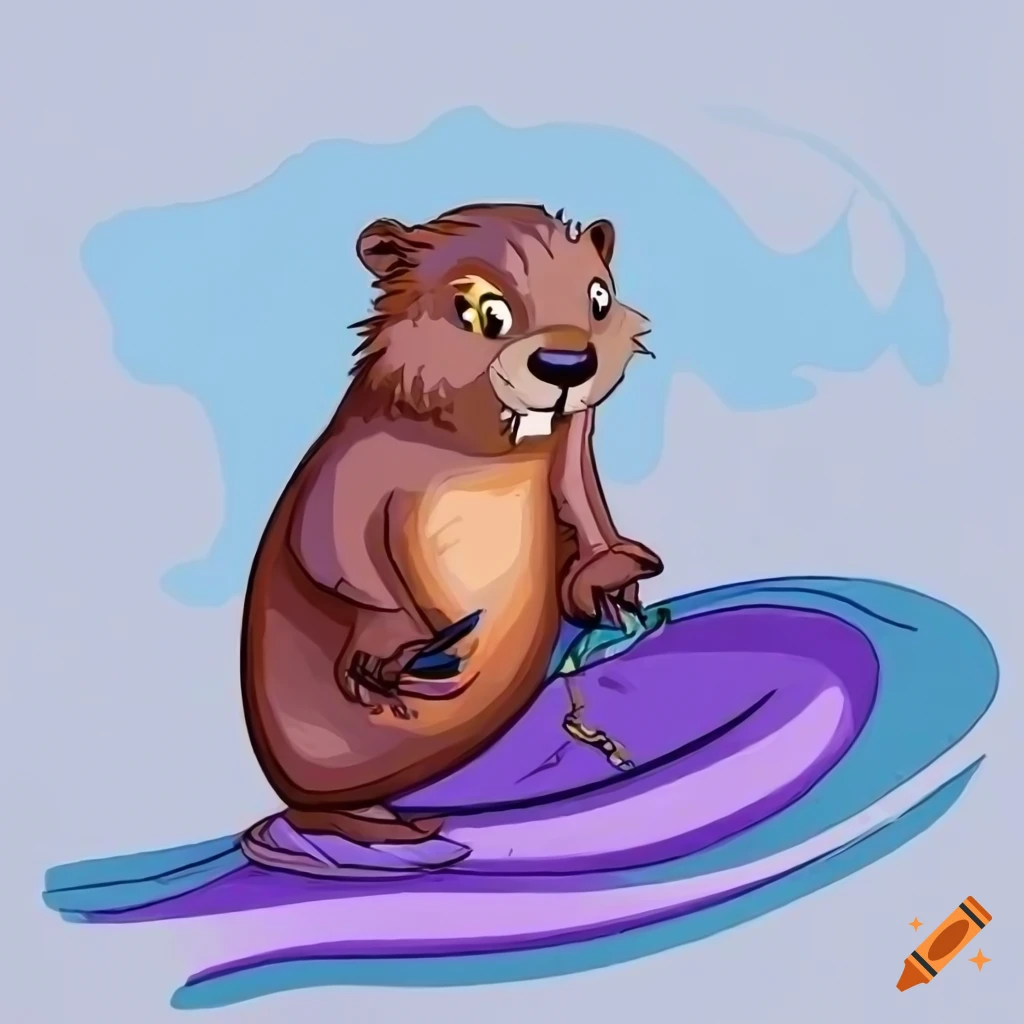 Stylized cartoon beaver in a purple t-shirt wakeboarding on a wave