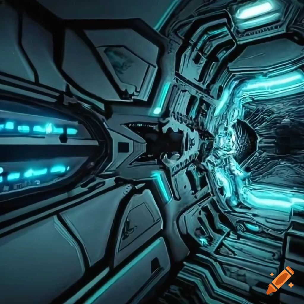 Surreal aliens inside an asymmetrical organic spaceship with strange machines and light boards