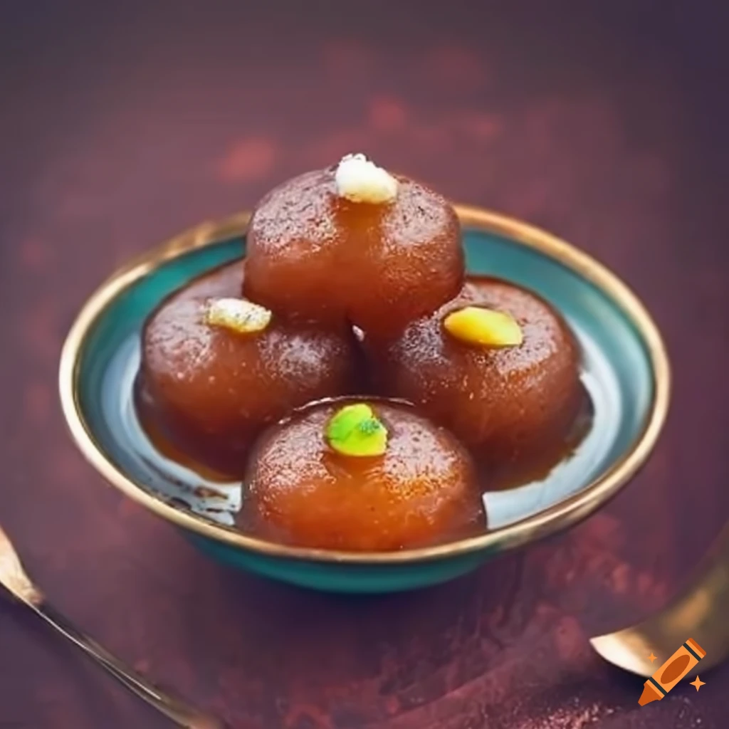 Indian style traditional bowl with two Gulab Jamun in sugar syrup