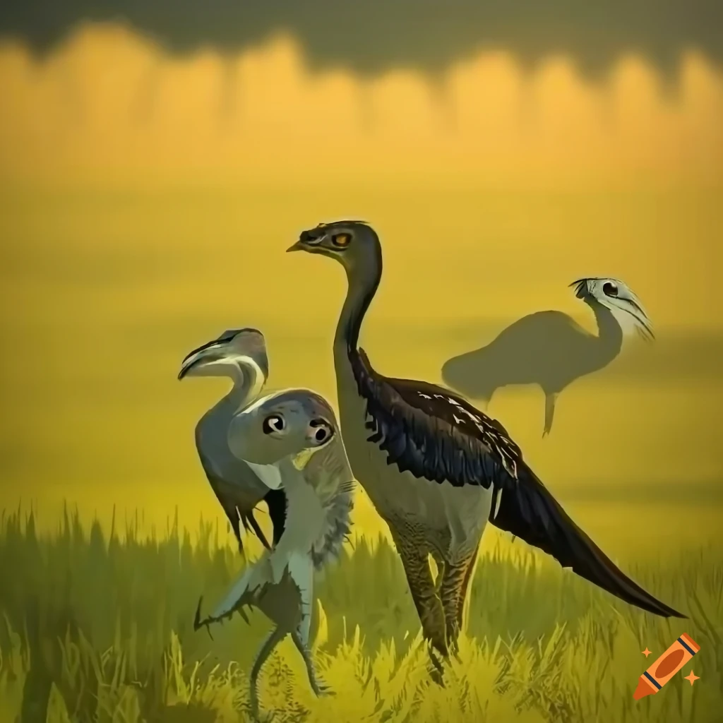 Feathered gallimimus with bustard-like color pattern in fern prairie