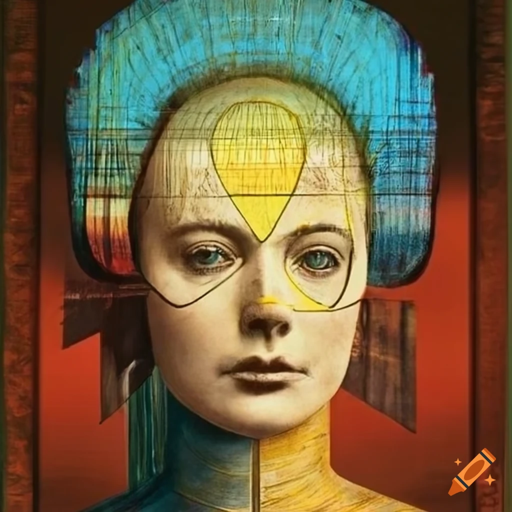 Portrait of a young woman android in Max Ernst collage style