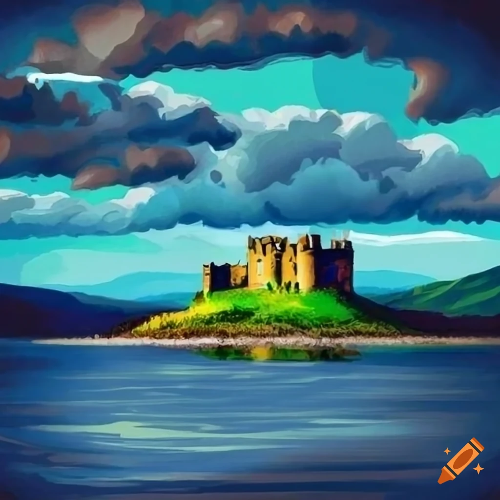 Storm gathering over a Scottish lakeside castle with hills in the distance