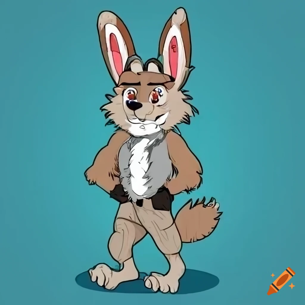 Cartoon rabbit-wolf hybrid furry character in casual clothing