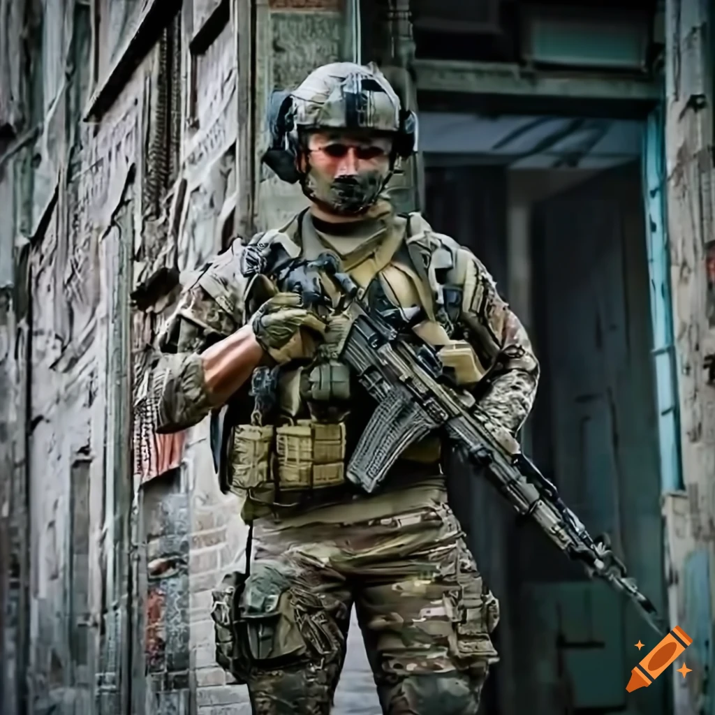 Special Forces soldier in a rainy street with a dilapidated school in the background