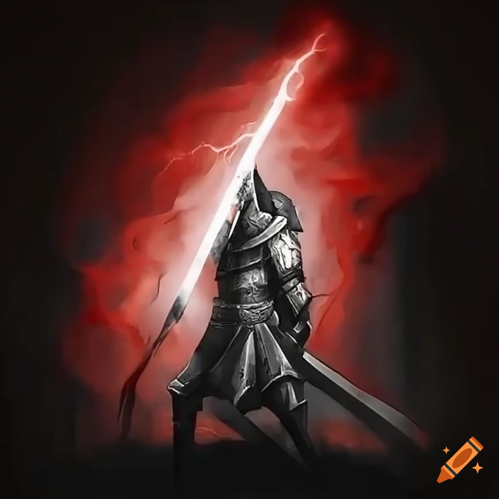 Intimidating White Paladin with sword and red lightning in closed helm
