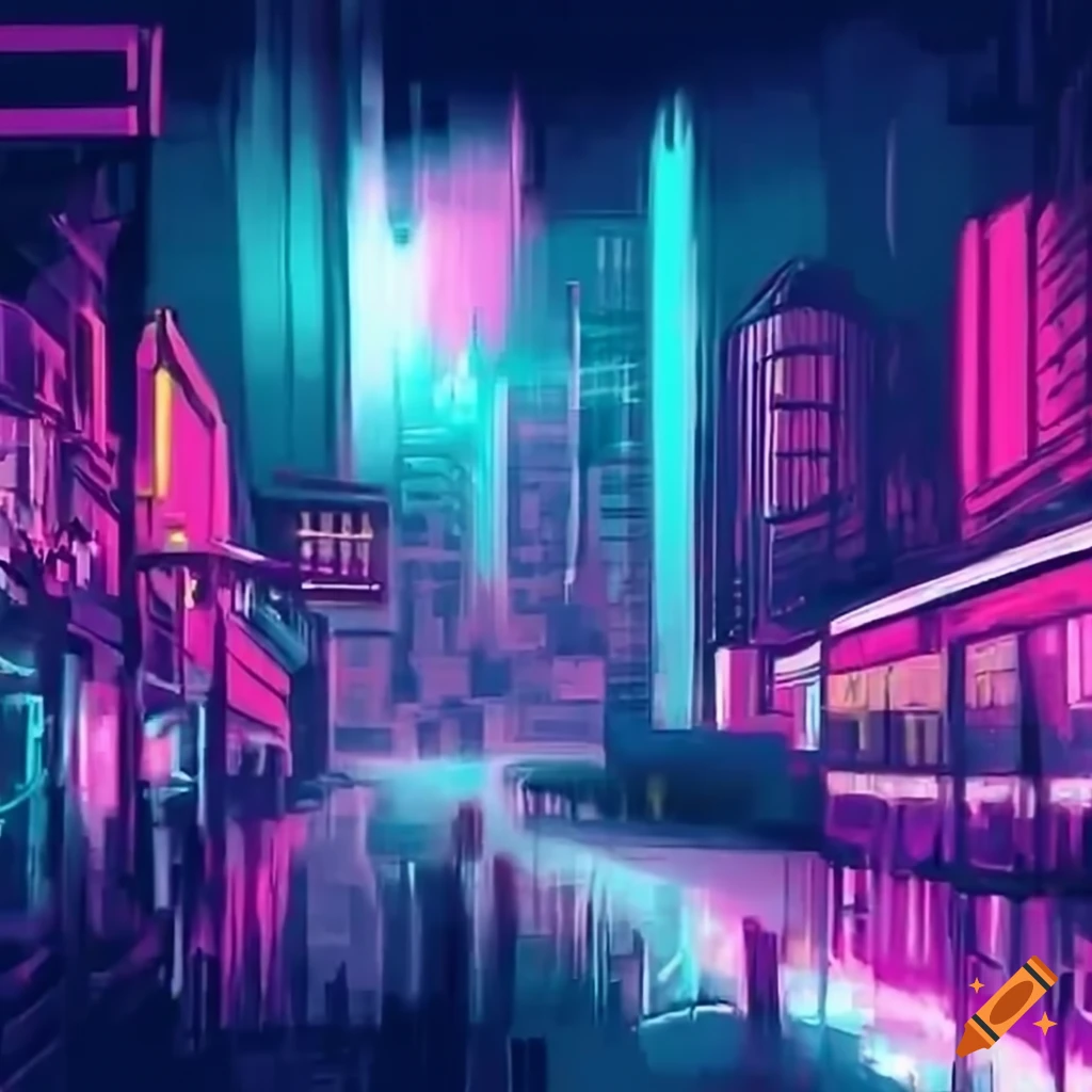 Eiffel Tower in front of neon futuristic cityscape