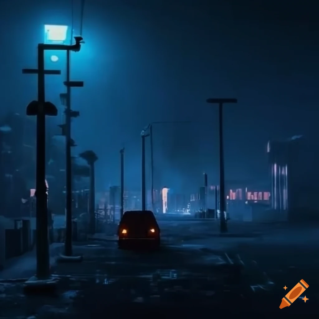 Retrowave dystopian city at night with a cold and gloomy atmosphere
