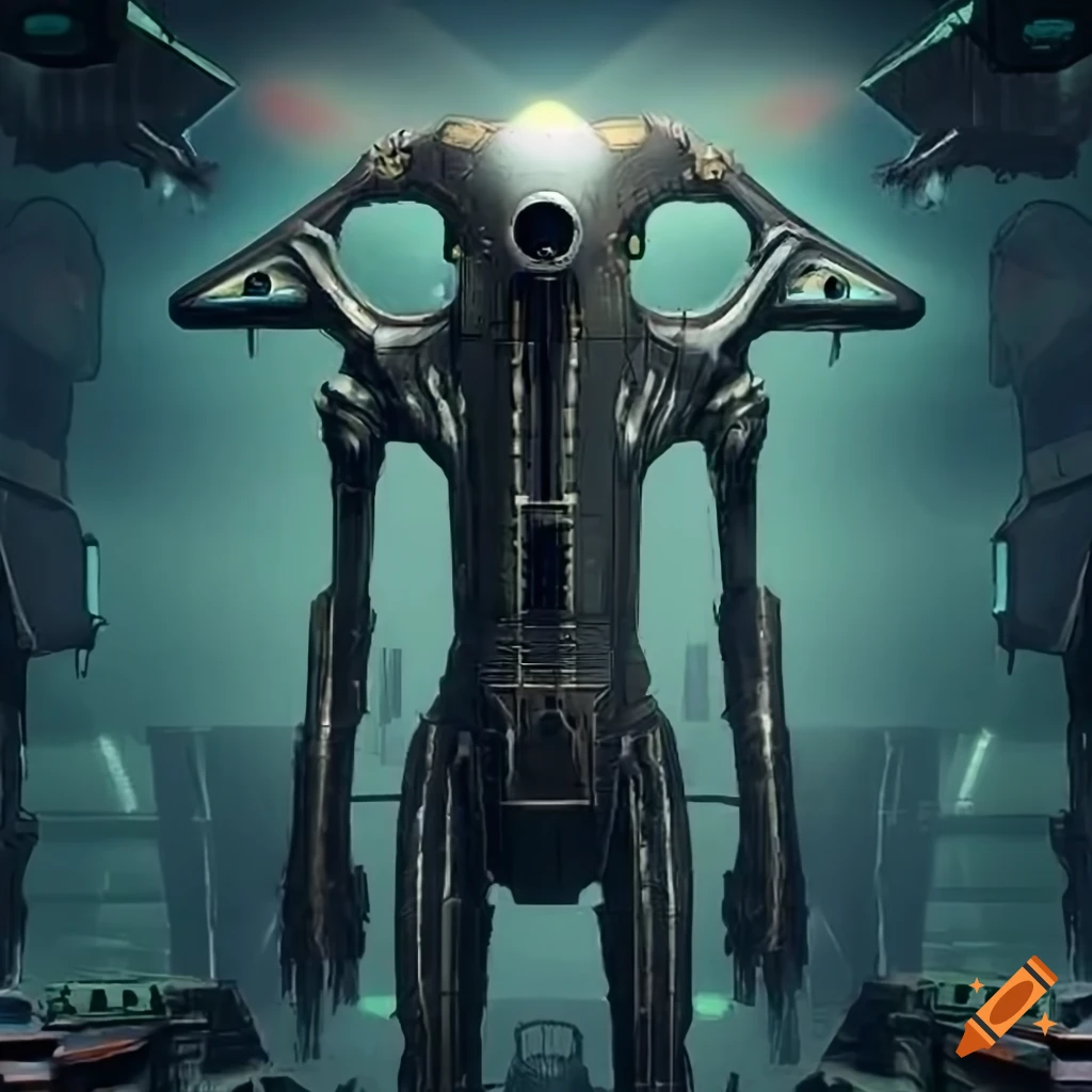 Surrealist scene of aliens inside an organic spaceship with strange machines and light boards