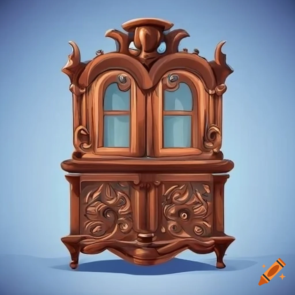 Wooden carved cabinets with scrollwork in a cartoon style
