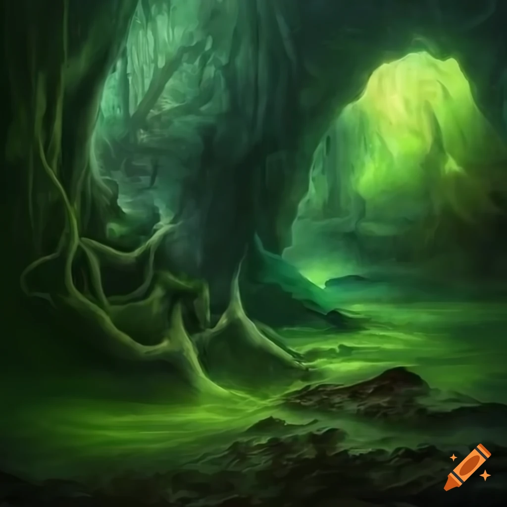Crystal cave with giant plant roots and green mist in a fantasy setting