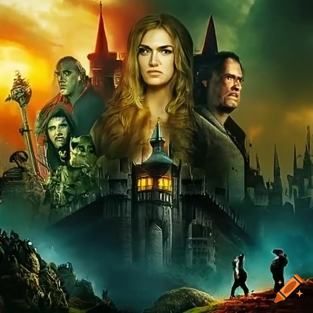 High fantasy movie poster featuring monsters, heroes, and a dark castle