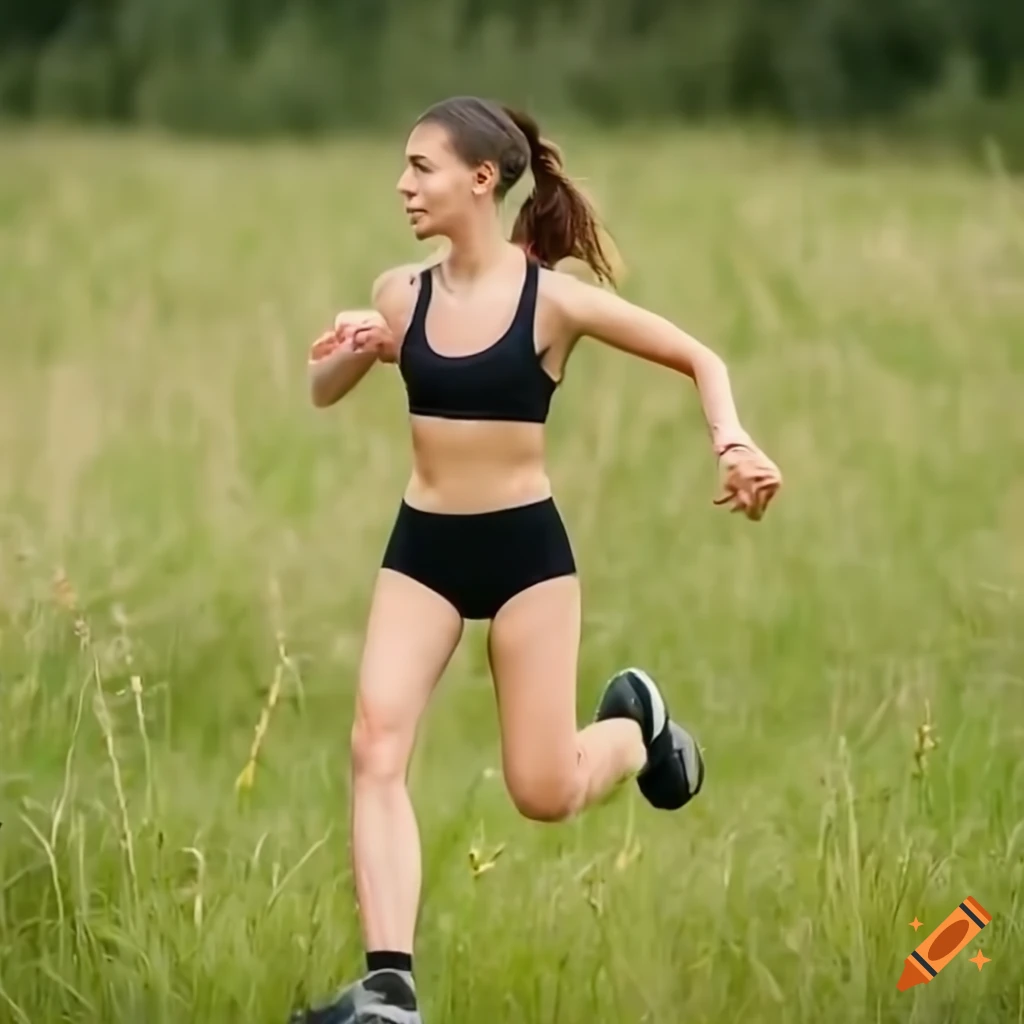 Athletic woman sprinting through a meadow in sports outfit